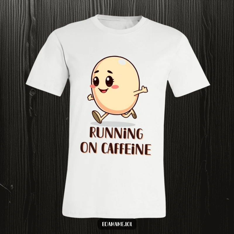 Funny t-shirt featuring a smiling bean character running with determination, conveying speed and positive ambition.