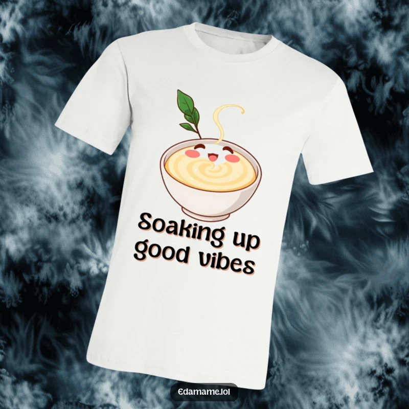 Funny t-shirt depicting a gleeful dashi broth character joyfully swirling in a bowl, a wearable celebration of delicious comfort.