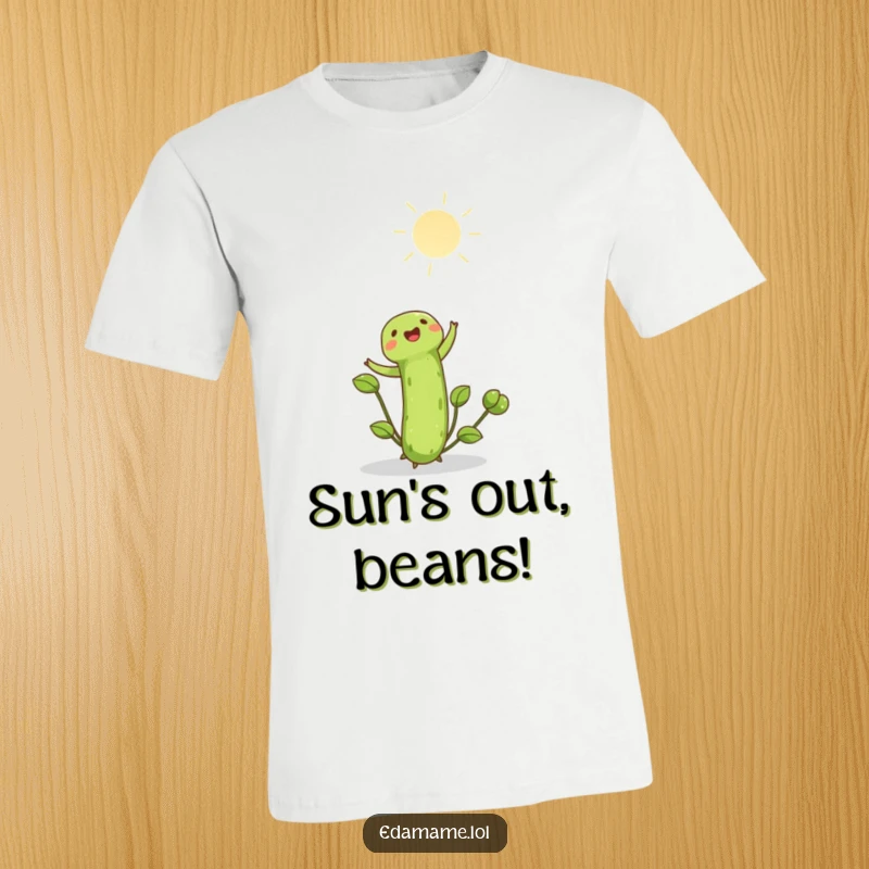 Funny edamame shoot joyfully reaching towards the bright sun on a t-shirt. Inspiring and humorous apparel, ideal funny gift.