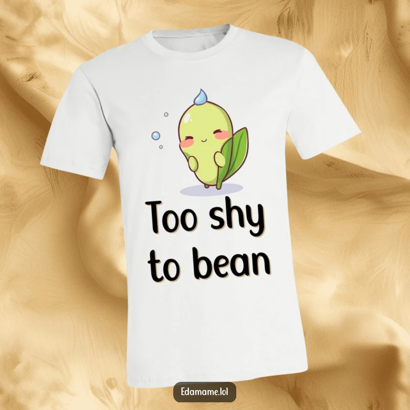 Funny Shy Edamame T-Shirt with a blushing pod hiding behind a dewdrop, embodying sweet shyness.