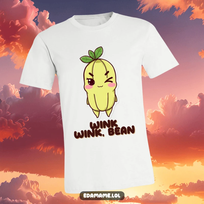 Funny edamame t-shirt with a cheerful character giving a bold, determined wink, showcasing playful confidence.