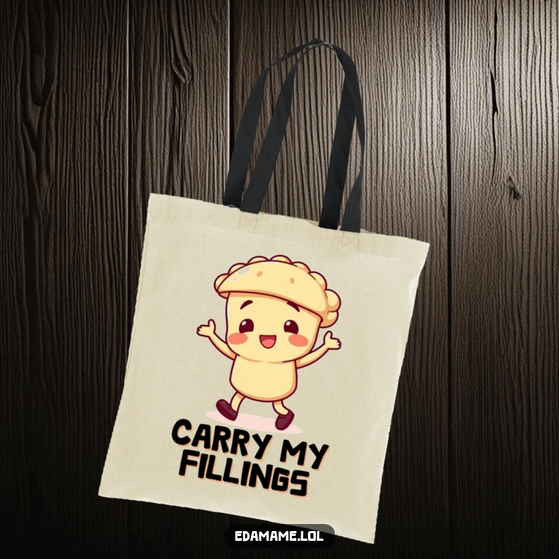 Funny tote bag showcasing a pie character performing a silly, energetic jig, ideal for carrying items with a cheerful, dessert-themed flair.