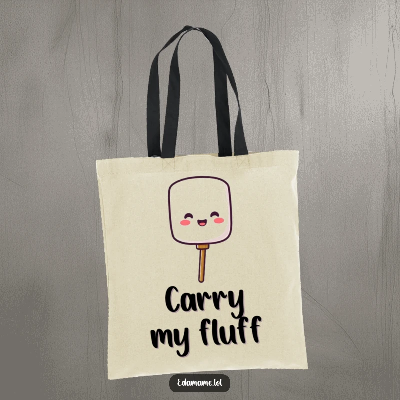 Funny tote bag showcasing a happy marshmallow character joyfully detaching from a stick, perfect for carrying items with a sweet, cheerful theme.