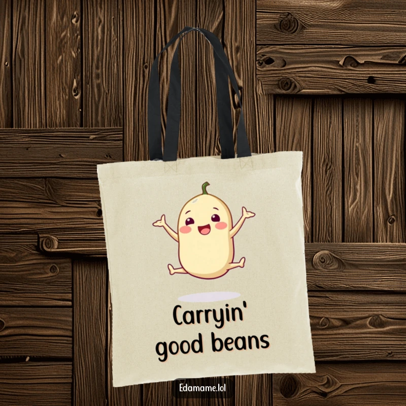 Funny tote bag showcasing a happy edamame pod doing a cheerful split jump, perfect for gym gear or groceries.