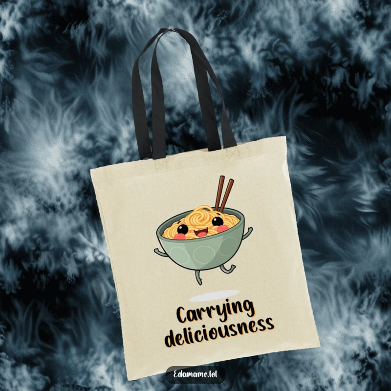 Funny tote bag featuring a smiling ramen bowl with legs skipping, perfect for carrying groceries with a dash of noodle-themed joy.