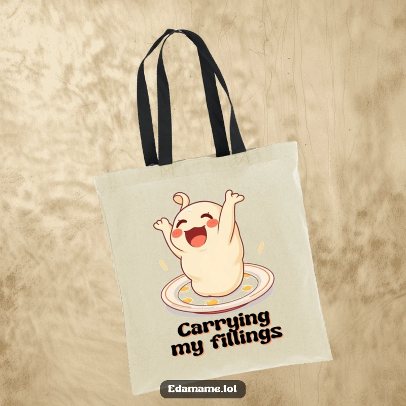 Funny Tote Bag depicting a delighted dumpling performing a somersault on a plate, a humorous and practical carry-all.