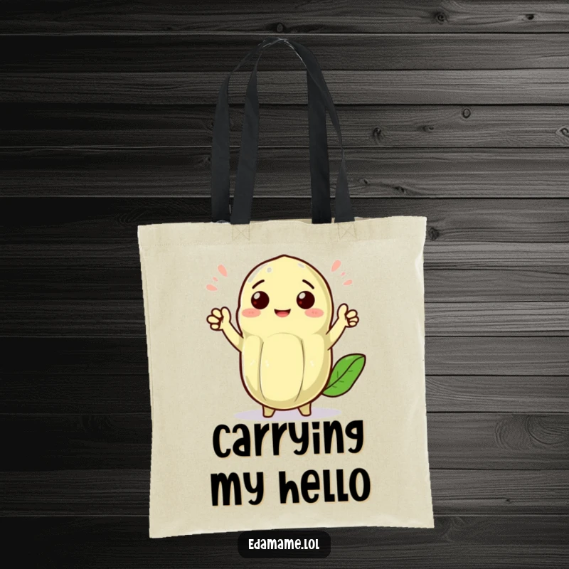 Funny cheerful edamame pod with tiny arms waving enthusiastically, on a tote bag, perfect for carrying items with a welcoming vibe.