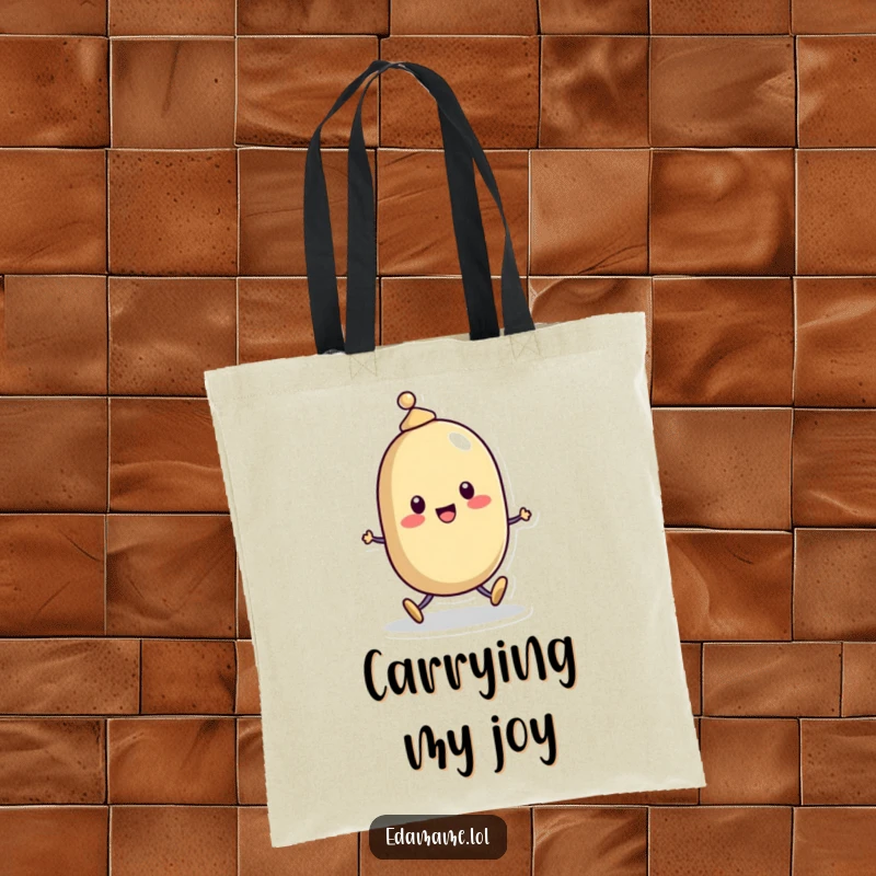 Funny Tote Bag: A cheerful bean character wearing a tiny hat, skipping happily, perfect for carrying essentials with a touch of joy.