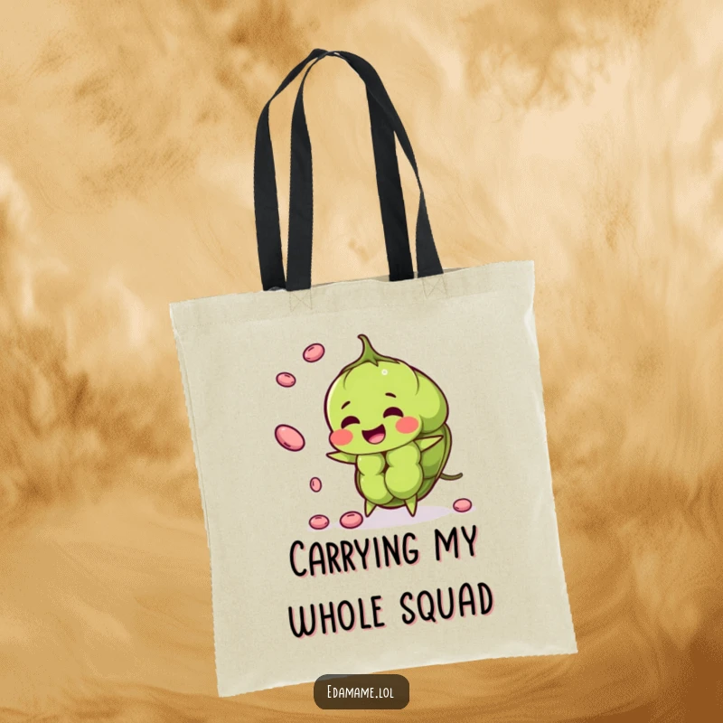 Funny edamame pod tote bag juggling smaller beans, a durable and humorous accessory for everyday use.