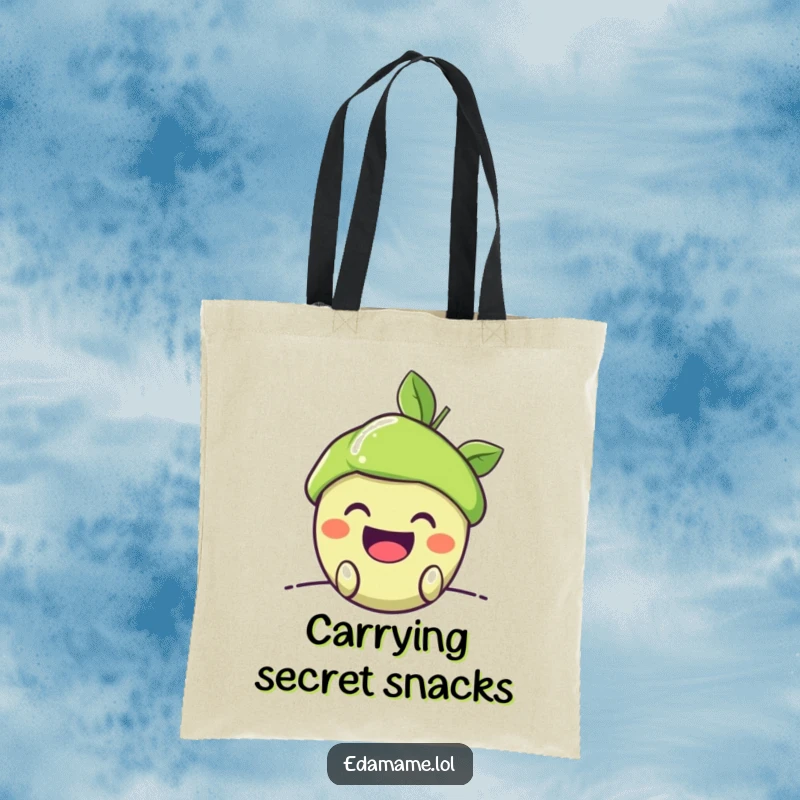 Funny Tote Bag: A happy edamame pod peeking out with a mischievous grin, perfect for carrying items with a playful and humorous flair.