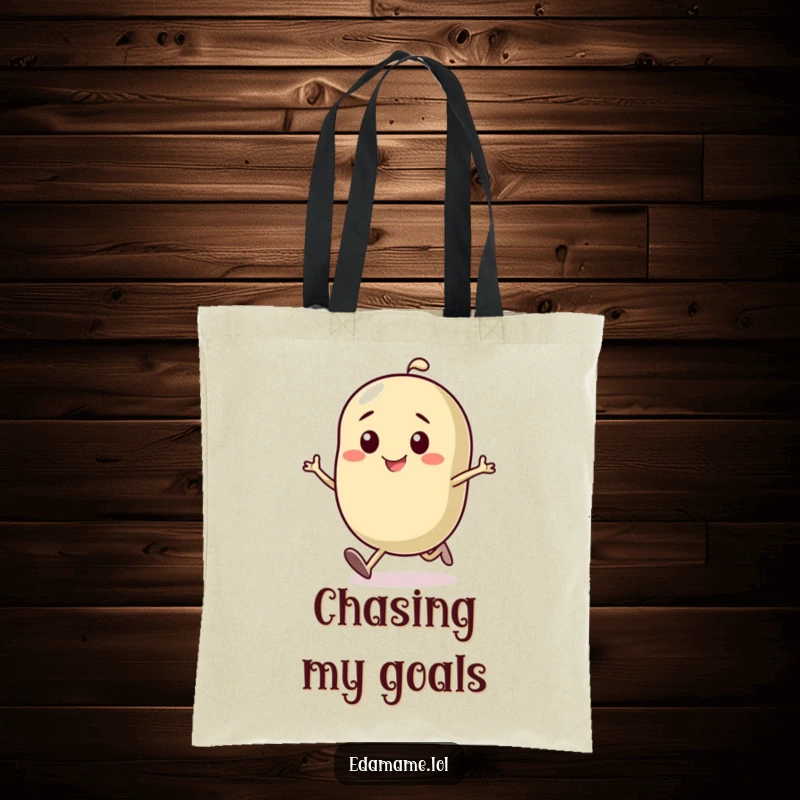 Funny tote bag with a determined bean character running with a smile, perfect for carrying items with a dose of motivational humor.