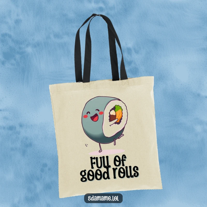 Funny Sushi Roll Tote Bag featuring a delighted Sushi doing a cartwheel, a comical and practical accessory