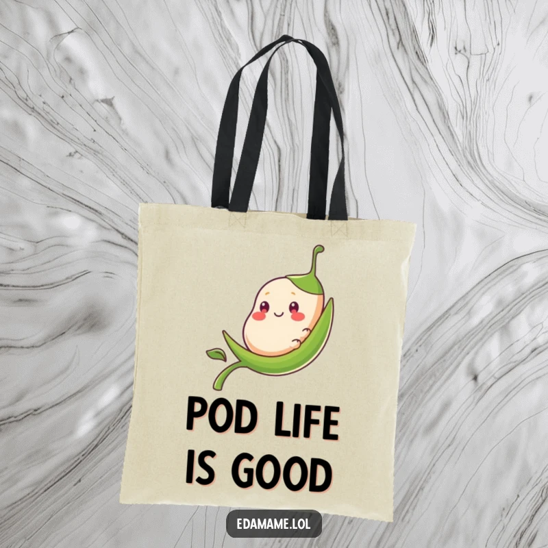 Funny smiling bean pod character sliding down a stalk, beautifully depicted on a spacious tote bag.