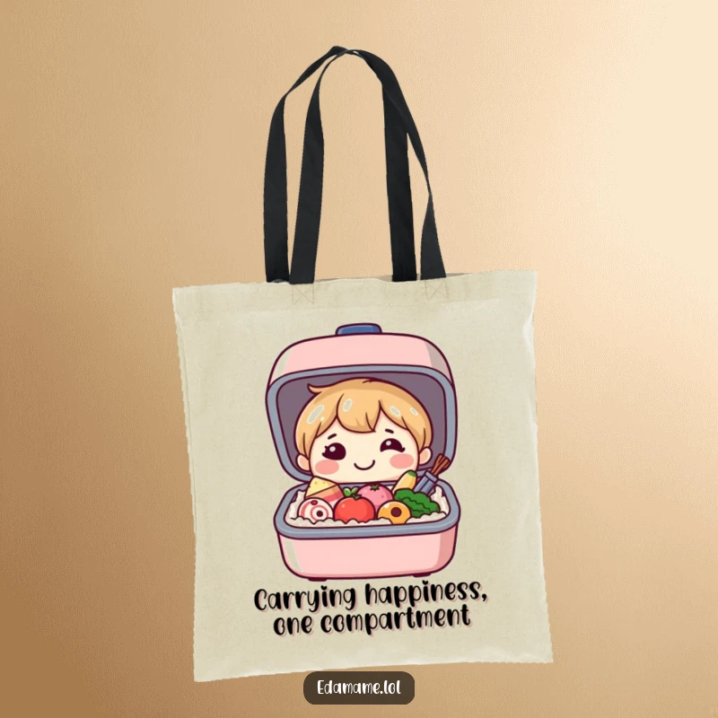 Funny tote bag depicting a happy bento box character revealing its tiny, smiling food treasures, ideal for stylish and cheerful carrying.