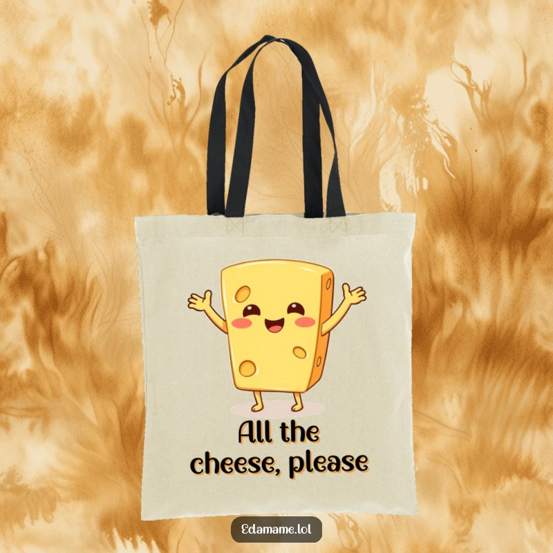 Funny tote bag with a smiling, dancing cheese wedge, making every outing a little more cheerful and humorous.