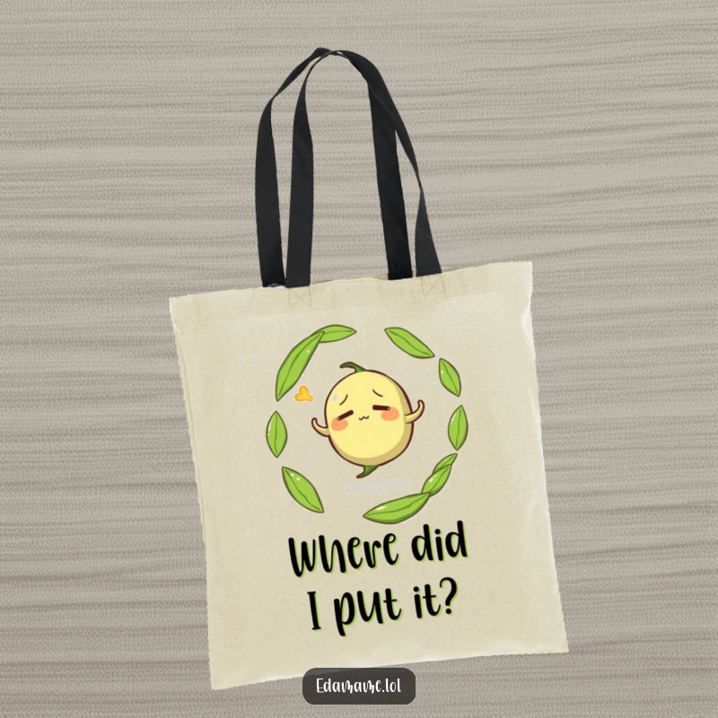 Funny tote bag with a confused anthropomorphic edamame pod spinning in circles, perfect for everyday use.