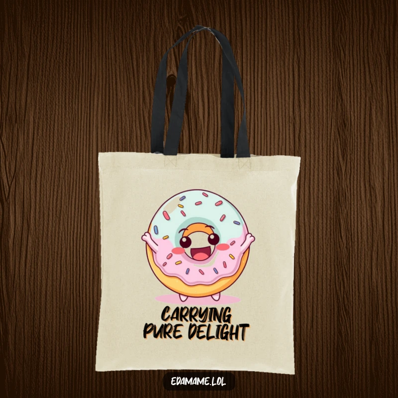 Funny tote bag with a delighted donut character covered in sprinkles, bouncing joyfully, great for groceries and treats.