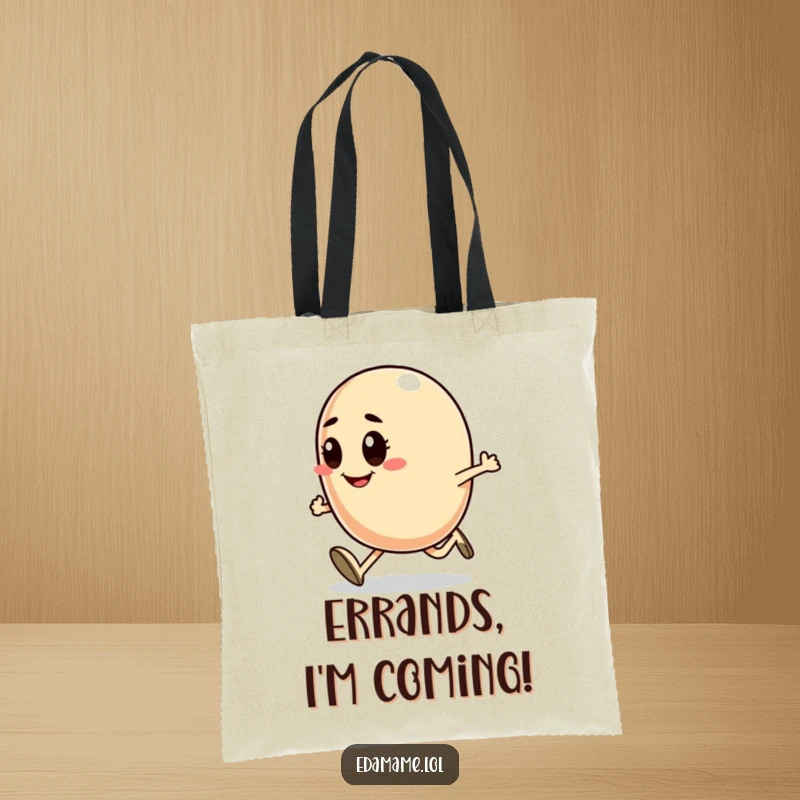 Funny tote bag featuring a determinedly smiling bean character in mid-run, perfect for carrying workout gear or daily essentials.
