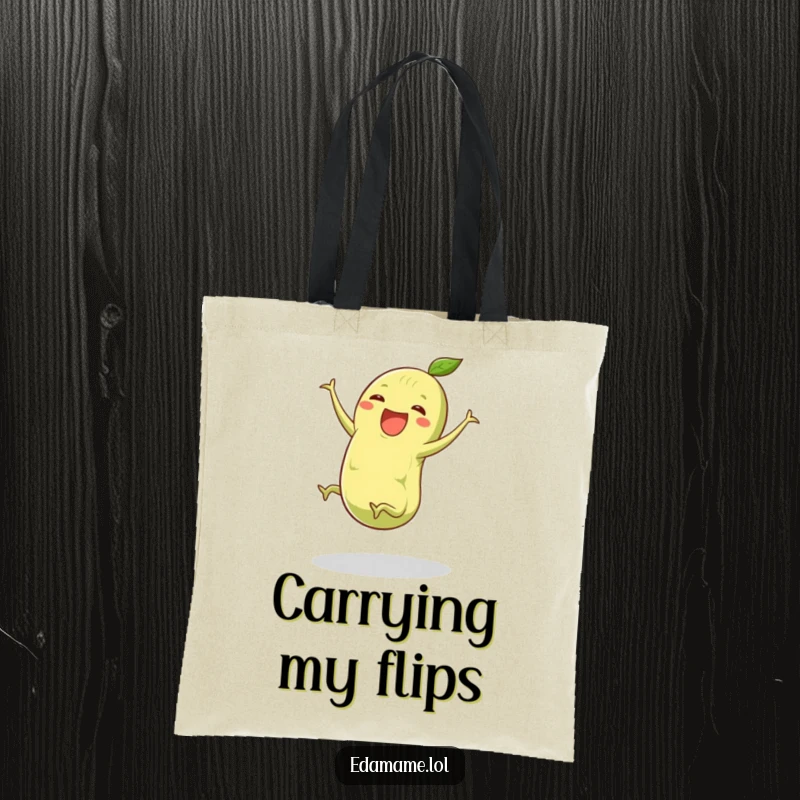 Funny edamame tote bag with a green pod and tiny legs doing a happy cartwheel, ideal for a humorous and practical accessory.