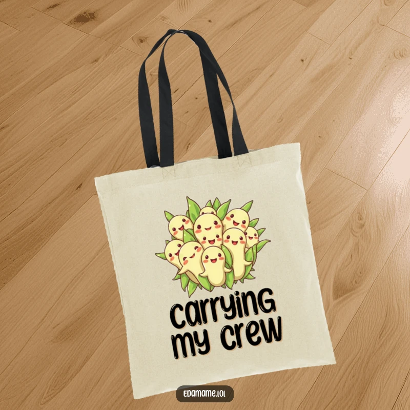 Funny tote bag featuring a cheerful group of edamame beans in a cozy huddle, perfect for carrying items and smiles.