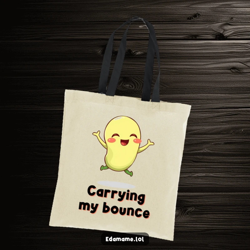 Funny tote bag featuring a giggling edamame bean captured during a bouncy jump, ideal for carrying items with flair.