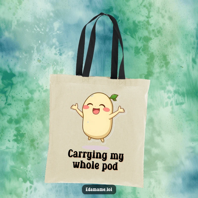 Funny tote bag with a laughing edamame pod character performing a silly jump, ideal for carrying groceries with humor.