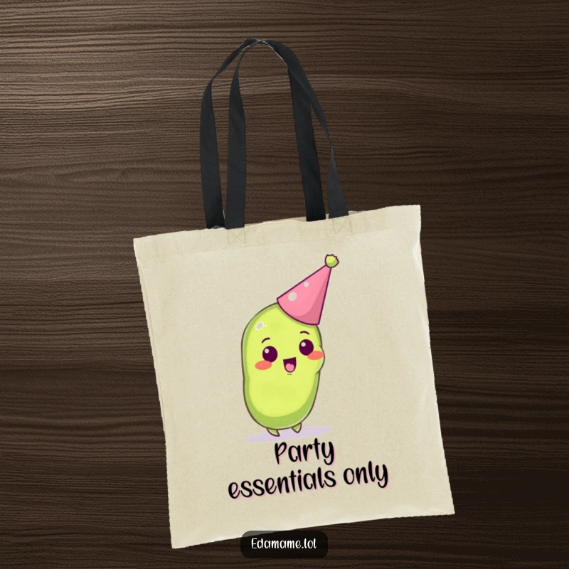 Funny tote bag with an excited anthropomorphic edamame pod wearing a party hat, perfect for carrying party supplies.