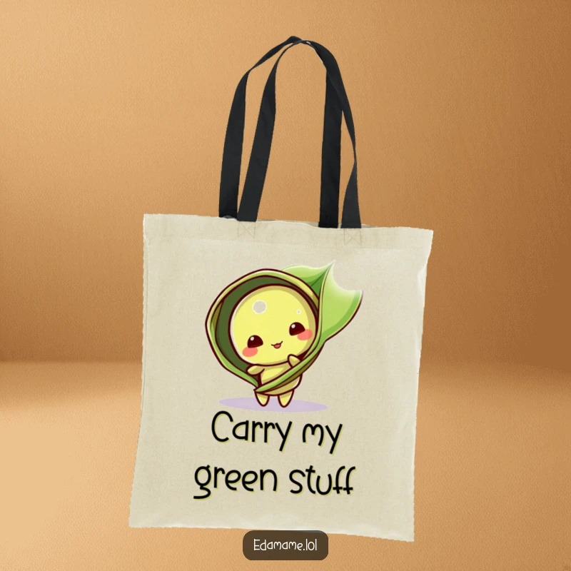 Funny Tote Bag: A playful edamame pod character peeks from behind a leaf, perfect for carrying items with cute, mischievous charm.