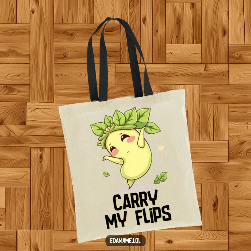 Funny tote bag featuring a dynamic edamame bean doing a somersault, complete with a leafy crown, perfect for carrying groceries with a smile.
