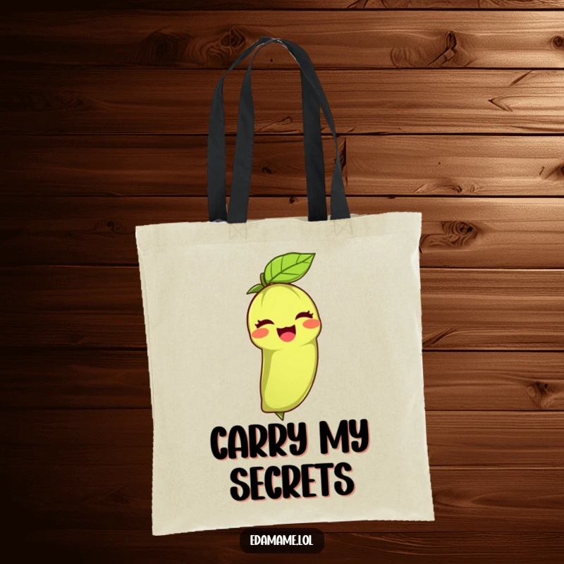 Funny tote bag showcasing a smiling edamame bean giving a wink with its leafy top, perfect for carrying essentials with charm.