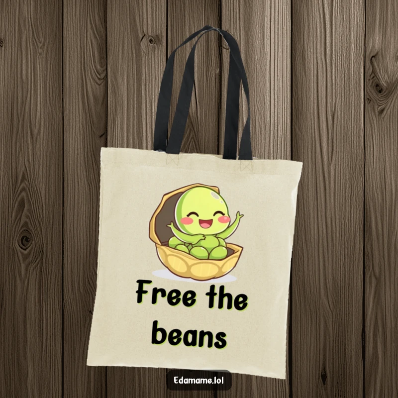 Funny edamame tote bag showing a giggling character gleefully leaping out of its pod shell, perfect for joyful errands.