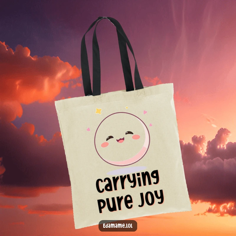 Funny Mochi Ball Tote Bag: A happy, giggling mochi character illustrated bouncing with pure glee, ready to carry your items.