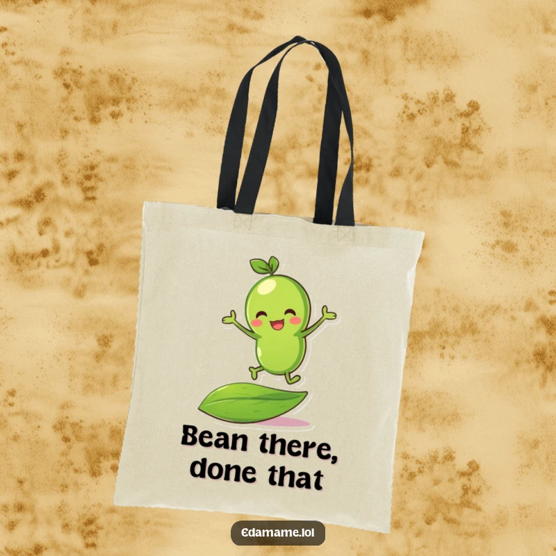 Funny green bean character performing a joyful bounce atop a verdant leaf on a durable tote bag.