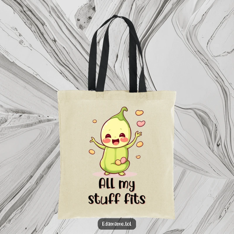 Funny tote bag depicting a happy edamame pod juggling small beans, ideal for carrying essentials with a smile.