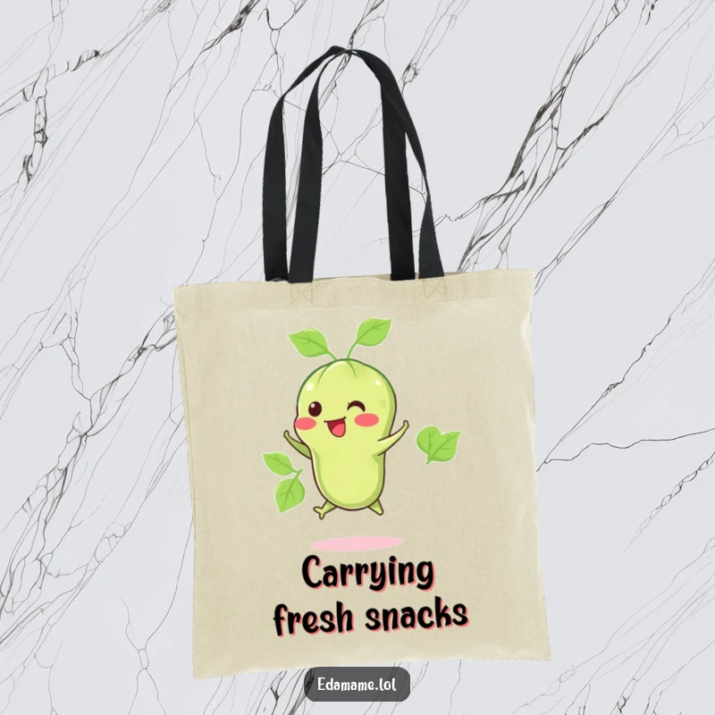 Funny tote bag illustrating a happy edamame pod jumping, perfect for carrying essentials while showcasing a love for healthy and fun snacks.