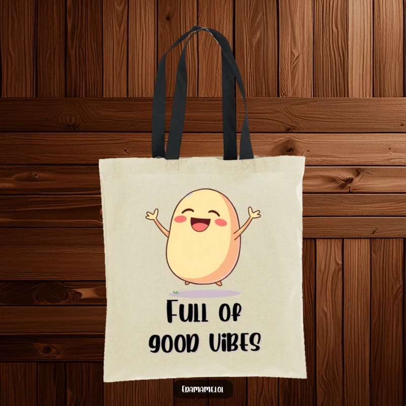 Funny tote bag with a laughing bean pod jumping joyfully, perfect for carrying items with a dose of cheerful humor.