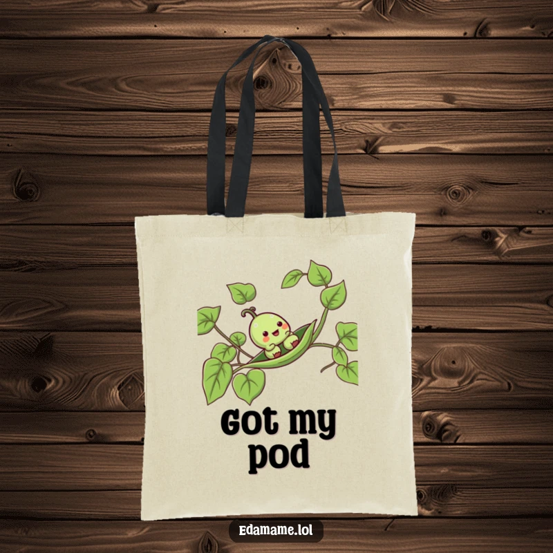 Funny pea pod tote bag with a happy anthropomorphic pod gleefully sliding down a leafy vine, perfect for carrying joy.