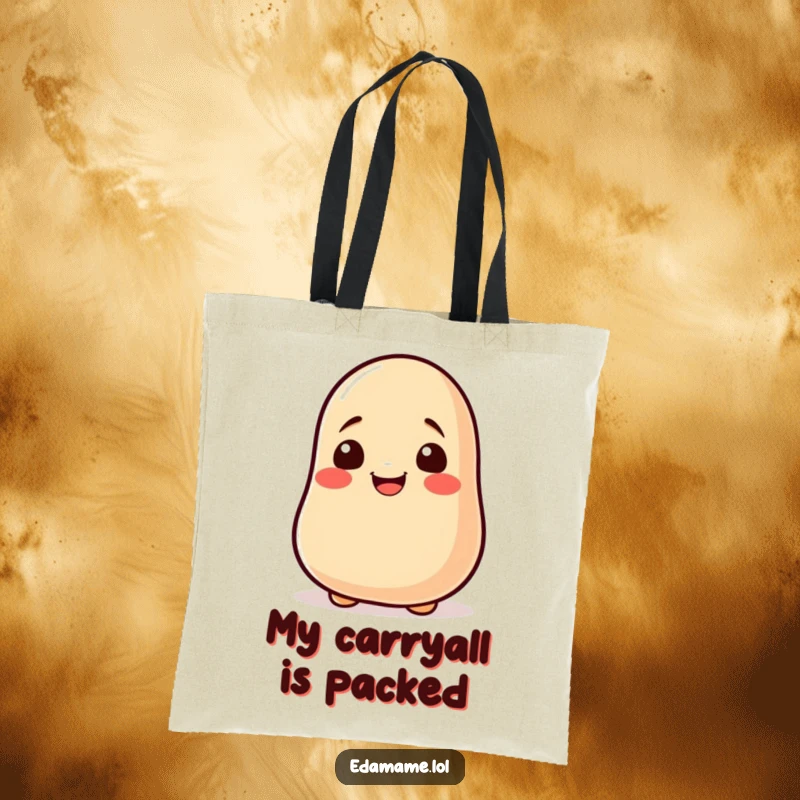 Funny soy bean rolling tote bag featuring an excited and smiling bean character, perfect for everyday humor.