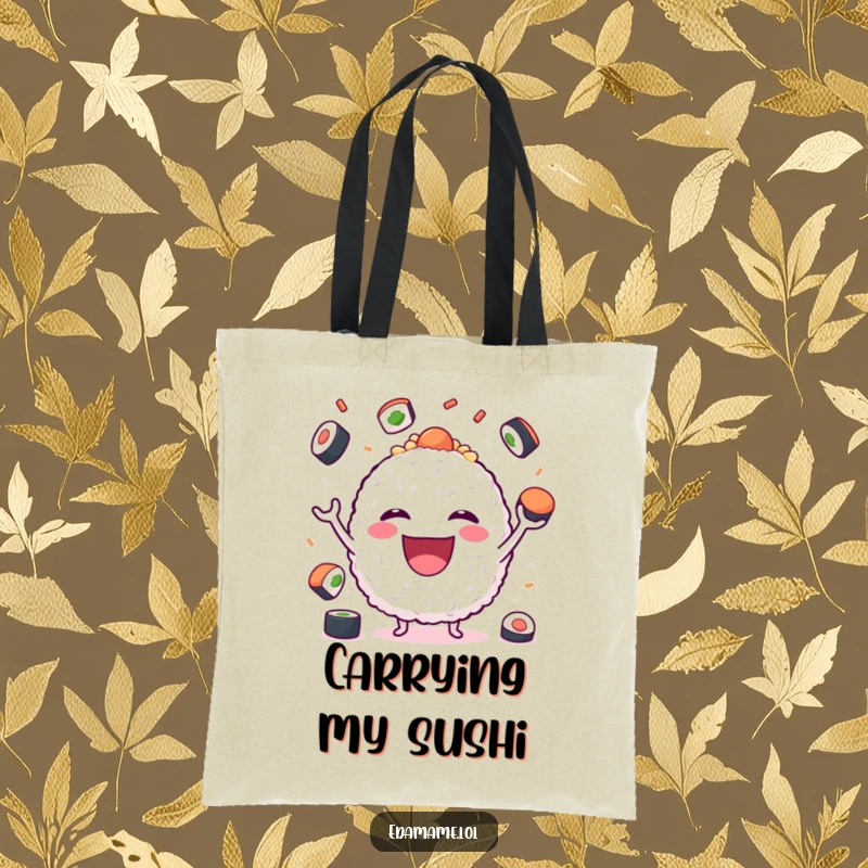 Funny Tote Bag featuring a cheerful rice ball character juggling sushi with a big smile, practical and amusing.