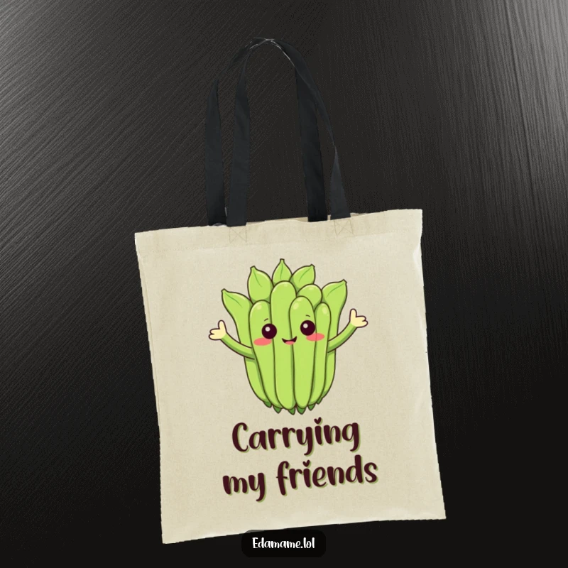 Funny tote bag with a cheerful edamame cluster with arms waving, great for carrying items happily.