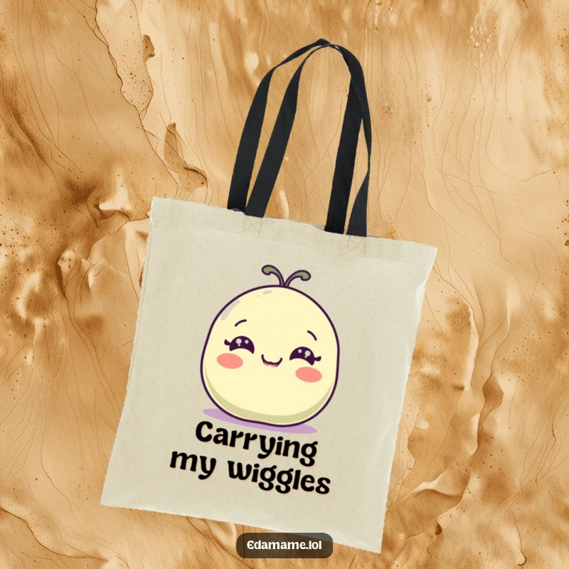 Funny tote bag with a happy bean pod with wide eyes wiggling, great for carrying items happily.