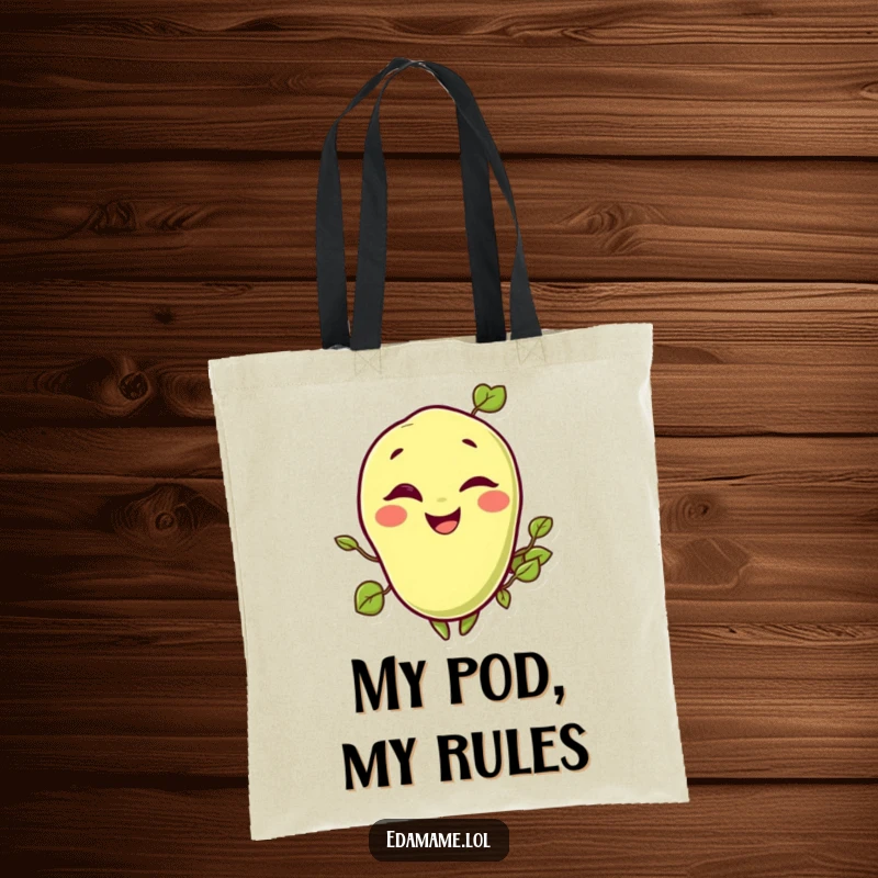 Funny tote bag design displaying a happy, winking edamame bean, ideal for shopping and daily use.