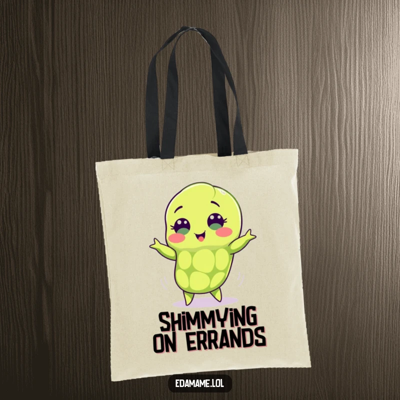 Funny edamame tote bag with a green pod and sweet eyes doing a happy shimmy, ideal for a humorous and practical accessory.
